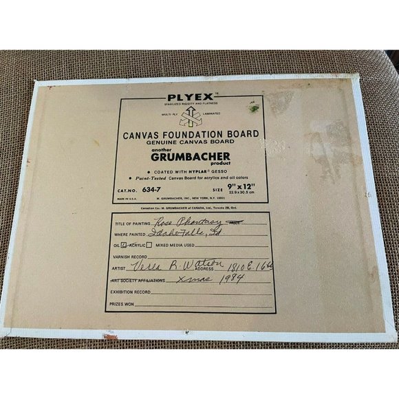 Vintage Signed Painting V Watson, Rose Phantasy, 9x12 unframed canvas art, 1984 - Picture 5 of 7